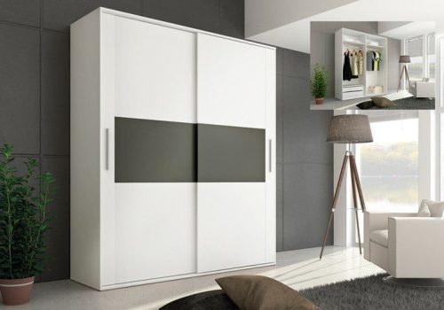 Armario Cabra de dos puertas correderas en color blanco con una franja central en tono grafito, instalado en un dormitorio moderno.