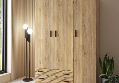 Armario de 3 puertas y 2 cajones modelo Rapid con un diseño moderno, mostrado en un dormitorio luminoso.