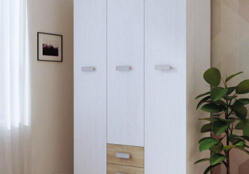 Armario 3 puertas Donald de diseño moderno con tiradores únicos, mostrado en un dormitorio decorado.