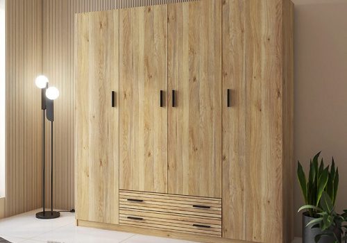 Armario 4 puertas RAPID de diseño moderno en color Mauvella con detalles a rayas, instalado en un dormitorio luminoso.