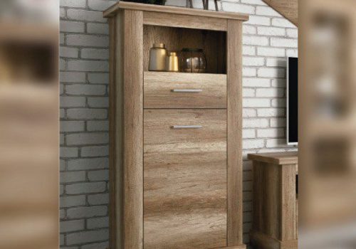 Mueble bodeguero Chellén de diseño moderno con una puerta, un cajón y un hueco decorativo, ubicado en un salón.