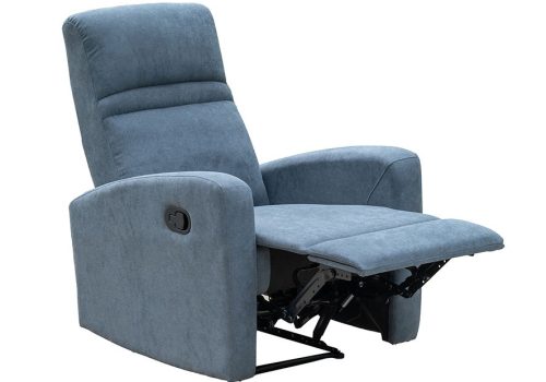 Butaca relax eléctrica Bahía tapizada en microfibra beige o gris con estructura de madera y sistema eléctrico de reclinación.