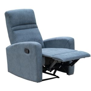 Butaca relax eléctrica Bahía tapizada en microfibra beige o gris con estructura de madera y sistema eléctrico de reclinación.