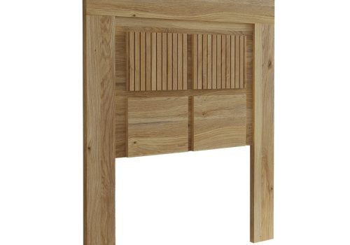 Vista frontal del cabecero juvenil RAPID tapizado con tela a rayas y patas para dormitorio moderno.
