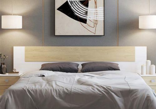El cabecero de matrimonio Donald en color andersen-grafito decora un dormitorio moderno con elegancia.