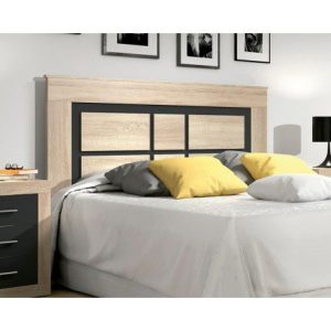 Elegante cabecero moderno Lara de 160 cm en acabado Andersen pino-gris instalado en un dormitorio contemporáneo.