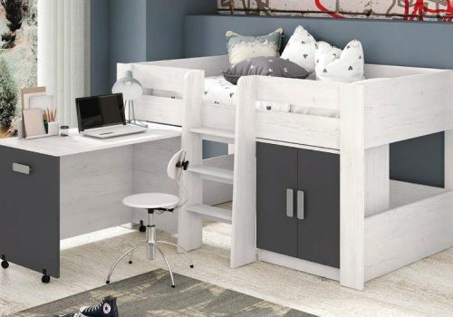 Cama block con mesa de estudio Donald en color blanco y madera, con armario de dos puertas y escritorio integrado en una habitación juvenil.
