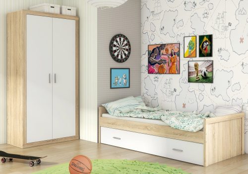 Cama nido Lara en color cambria-blanco con la cama inferior extraída en un dormitorio juvenil moderno.