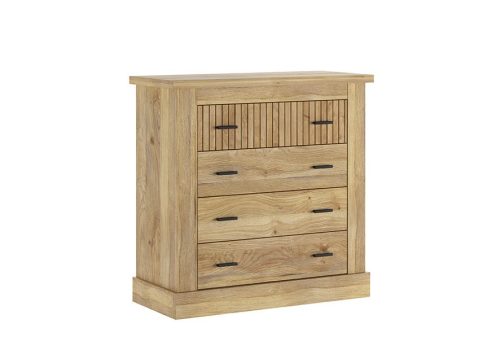 Cómoda Rapid de 4 cajones con acabado Mauvella-rayas en un dormitorio elegante y ordenado.
