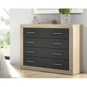 Cómoda Lara de estilo moderno con cuatro cajones en acabado color Andersen pino y gris.
