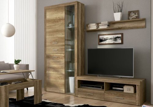 Composición de salón apilable Texas en color cañón, con mueble de TV, vitrina alta con luces LED y estante de pared.