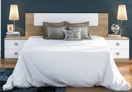 Elegante conjunto de cabecero y mesitas de noche Champion en acabado blanco y cambria para dormitorios modernos.