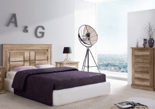 Conjunto de dormitorio de matrimonio completo Chellén 11 en acabado color cañón, compuesto por cabecero, dos mesitas y sinfonier.