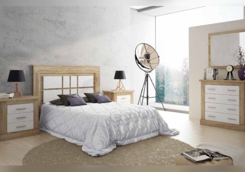 Conjunto de dormitorio de matrimonio completo Chellén 12 en acabado Cambria y blanco, con cabecero, dos mesitas, cómoda y espejo.