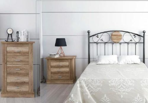 Conjunto de dormitorio de matrimonio completo Chellén 13 en color cañón con cabecero de forja, dos mesitas, sinfonier y espejo.