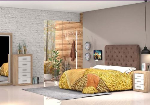 Conjunto de dormitorio de matrimonio completo Lara 30 en acabado cambrian-blanco con cabecero tapizado, sinfonier y mesitas.