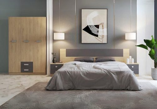 Conjunto de dormitorio de matrimonio completo modelo Donald en un ambiente moderno, con cabecero, dos mesitas de noche y armario de tres puertas.