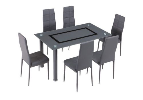 Conjunto de mesa rectangular de cristal templado gris con elegantes patas de acero y 6 sillas Axiss tapizadas en PU gris, en un comedor sofisticado y moderno.