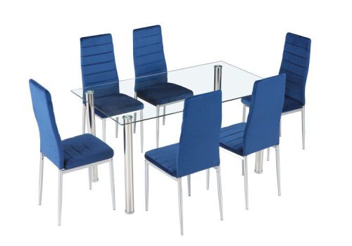 Conjunto de mesa rectangular de cristal templado transparente y 6 sillas tapizadas en terciopelo azul Avatar, ideal para comedores modernos y sofisticados, aportando luz y estilo.