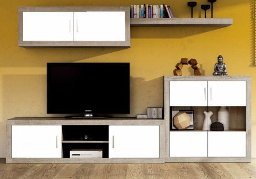 Moderno conjunto de muebles de salón Lara 07 con cuatro módulos, ofreciendo amplio espacio de almacenaje con un elegante acabado en cambria-blanco.
