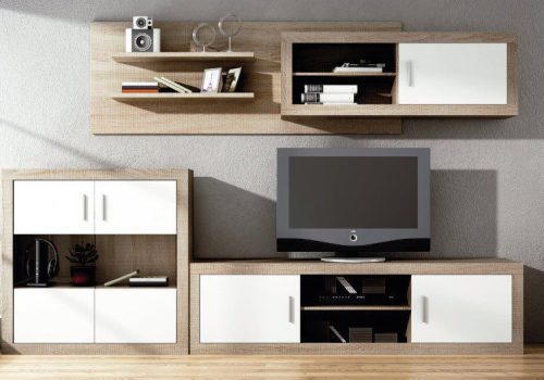 Imagen del conjunto de muebles de salón Lara 08 en acabado Cambria-Blanco, mostrando el mueble de TV, el bodeguero y los estantes.