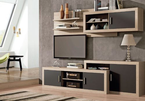 El conjunto de muebles de salón Lara 02 presenta un diseño moderno y asimétrico con acabado en madera Cambria y Grafito.