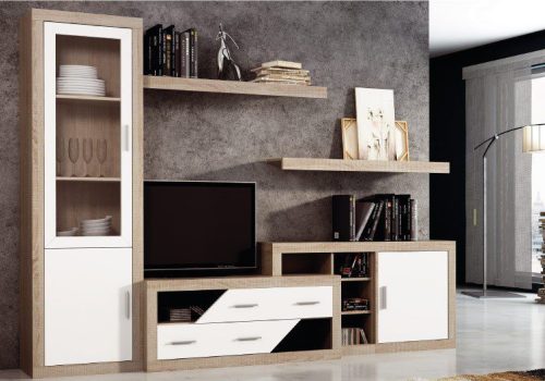 Moderno conjunto de muebles de salón Lara 06 con cinco módulos, combinando acabados en cambria, blanco y grafito para una sala de estar sofisticada.