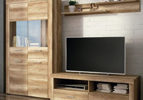 Conjunto de salón completo modelo Texas en acabado color Cañón, con aparador, vitrina, mueble de TV y estante de pared.