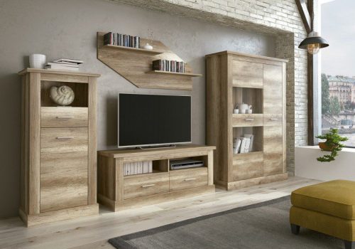 Elegante conjunto de muebles de salón Chellén en acabado color Cambria y blanco, compuesto por vitrina, bajo de TV y estante.