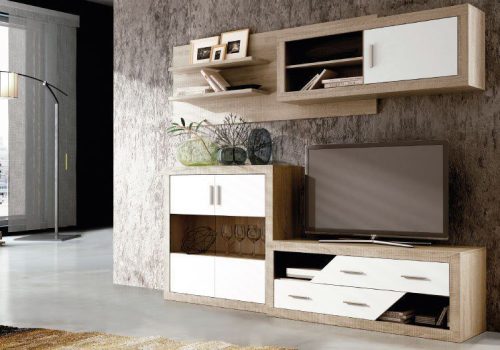 El conjunto de salón completo Lara 03 de estilo moderno, con un diseño modular en acabado madera Cambria y blanco.