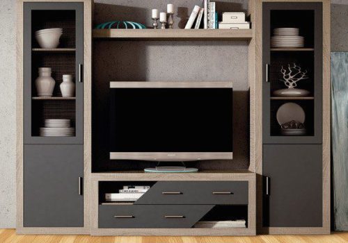 Conjunto de salón completo Lara de estilo moderno y simétrico, acabado en colores Cambria y Grafito con mueble TV y vitrinas.