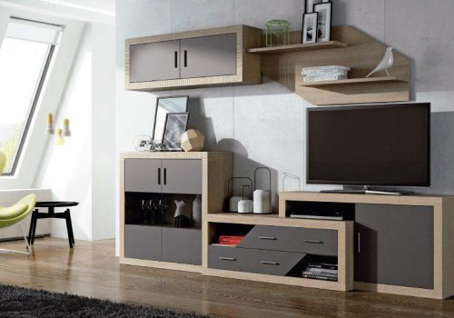Elegante conjunto de salón moderno modelo Lara de 300 cm, con amplios estantes abiertos y armarios cerrados que ofrecen gran capacidad de almacenamiento.