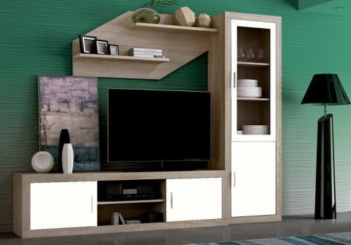 Elegante conjunto de salón Lara 04 compuesto por mueble TV, vitrina y estante de pared con acabado madera cambria y grafito.