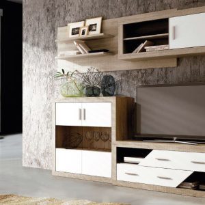 Conjunto de salón completo modular Lara 03 en acabado madera Cambria y frentes en color Grafito, organizado con bodeguero.