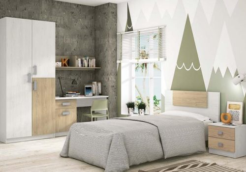 Dormitorio juvenil Donald 01 con armario, zapatero y mesa de estudio en colores combinables.