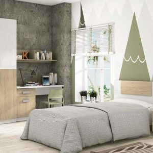 Dormitorio juvenil Donald 01 con armario, zapatero y mesa de estudio en colores combinables.