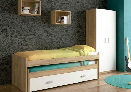 Dormitorio juvenil Champion 03 con cama compacta, armario y estanterías de almacenaje moderno.