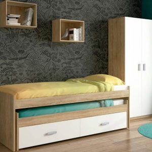 Dormitorio juvenil Champion 03 con cama compacta, armario y estanterías de almacenaje moderno.