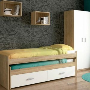 Dormitorio juvenil Champion 03 con cama compacta, armario y estanterías de almacenaje moderno.