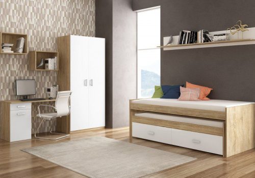 Dormitorio juvenil Champion 05 moderno con cama compacta, armario y escritorio ideal para adolescentes.
