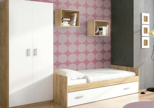Dormitorio juvenil Champion 02 con cama nido y armario de dos puertas en acabado blanco y cambria.