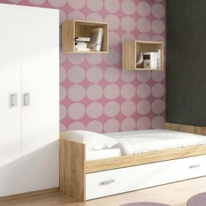 Dormitorio juvenil Champion 02 con cama nido y armario de dos puertas en acabado blanco y cambria.