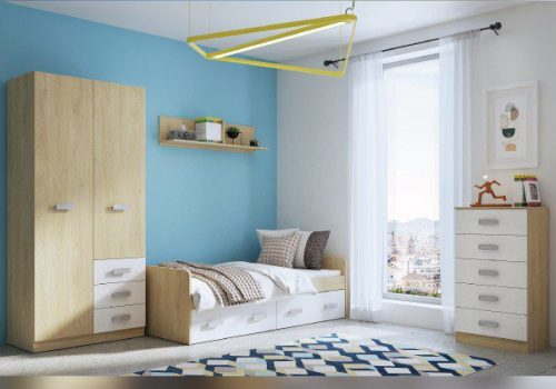 Dormitorio juvenil Donald 08 con cama nido, dos cajones y armario de dos puertas, perfecto para habitaciones modernas.