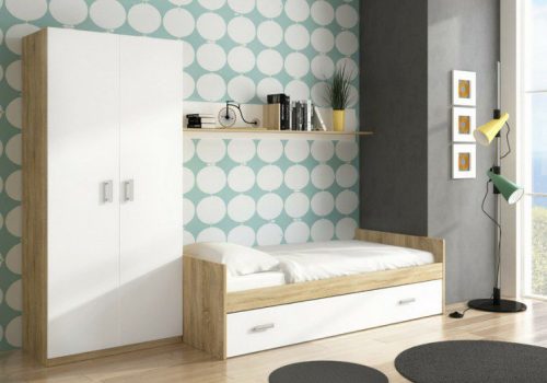 Dormitorio juvenil Champion 01 con cama nido, armario y estante en cambria y blanco ideal para niños y adolescentes.