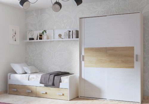Dormitorio juvenil compacto Donald 07 con cama nido, cajones y armario de puertas correderas.