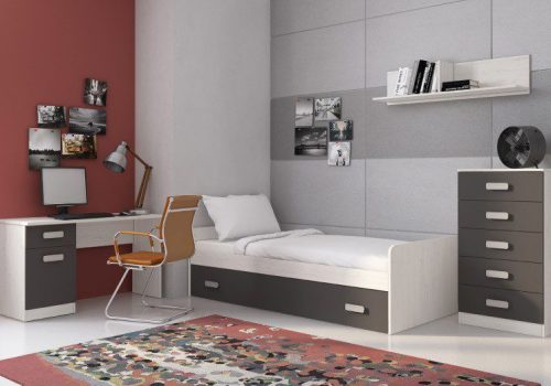 Dormitorio juvenil Donald 01 con cama nido, mesa de estudio y almacenaje, ideal para ahorrar espacio.