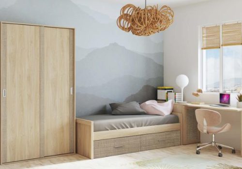 Dormitorio juvenil Lara 04 con cama nido, armario y mesa de estudio en color puccini/textil.