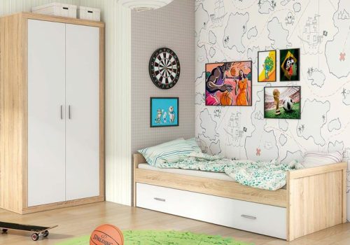 Dormitorio juvenil moderno Lara 01 con amplio almacenaje y diseño versátil, ideal para habitaciones infantiles.