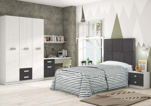 Dormitorio juvenil completo Donald 03 con cabecero tapizado y muebles de diseño moderno.