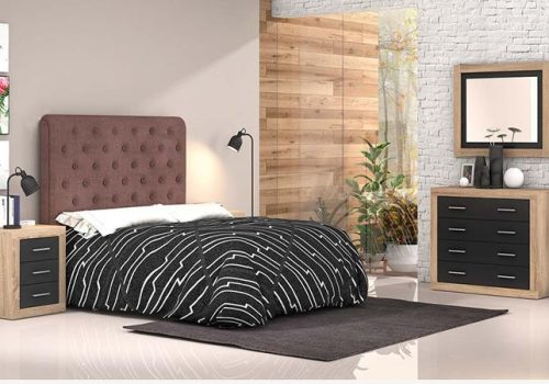 Dormitorio de matrimonio moderno Lara 31 en acabado color cambria y grafito con cabecero Empire instalado en una habitación.